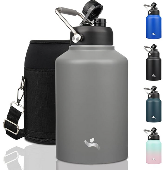 Konokyo 1 Gallon Jug with Handle,128 oz Insulated Water Bottle with Carrying Pouch, Double Wall Vacuum Stainless Steel Metal Bottle,Gray
