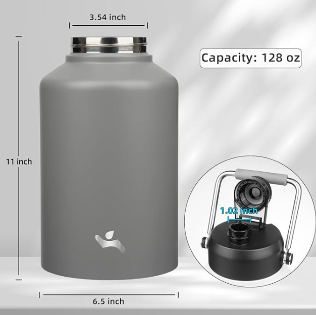 Konokyo 1 Gallon Jug with Handle,128 oz Insulated Water Bottle with Carrying Pouch, Double Wall Vacuum Stainless Steel Metal Bottle,Gray