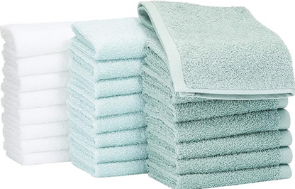 Basics face Towels for bathroom, 100 Cotton Extra Absorbent washcloth, Fast Drying - salon towel - 24 Pack (12 x 12 inches), Seafoam Green, Ice Blue, White