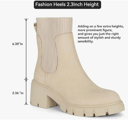 Athlefit Women's Chelsea Boots Fashion Slip on Platform Ankle Boots Lug Sole Chunky Booties