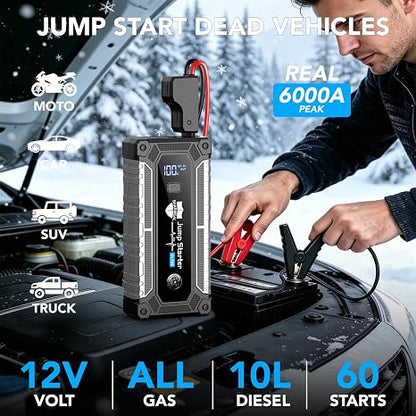 Sharmeal Car Battery Jump Starter 6000A, Jump Starter Battery Pack for All Gas and 10.0L Diesel, 12V Portable Jump Box with LED Light
