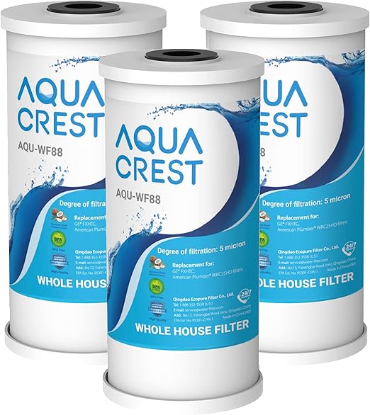 AQUA CREST FXHTC Water Filter Whole House Water Filter, Well Water Filter Replacement for GE FXHTC, GXWH40L, American Plumber W10-PR, Culligan RFC-BBSA, W10-BC, Carbon Filters, 5 Micron, Pack of 3