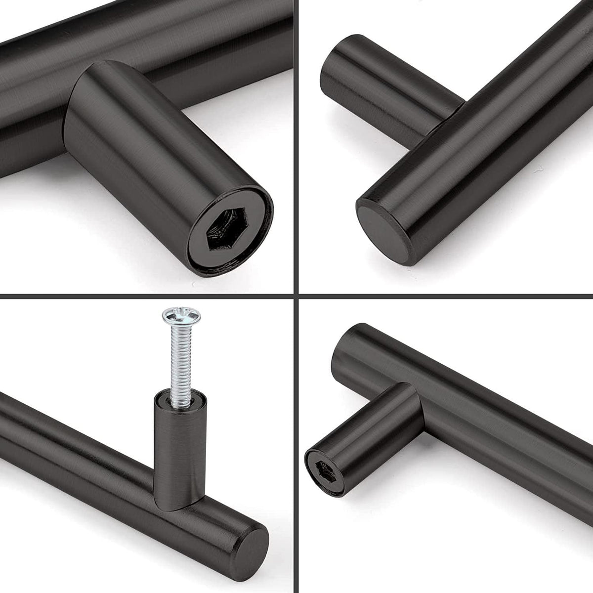 ANGSTROM 2-Pack Round Bar Cabinet Pulls, Euro-Style T-Bar Handle 5" CC, Matte Black (7" Length)