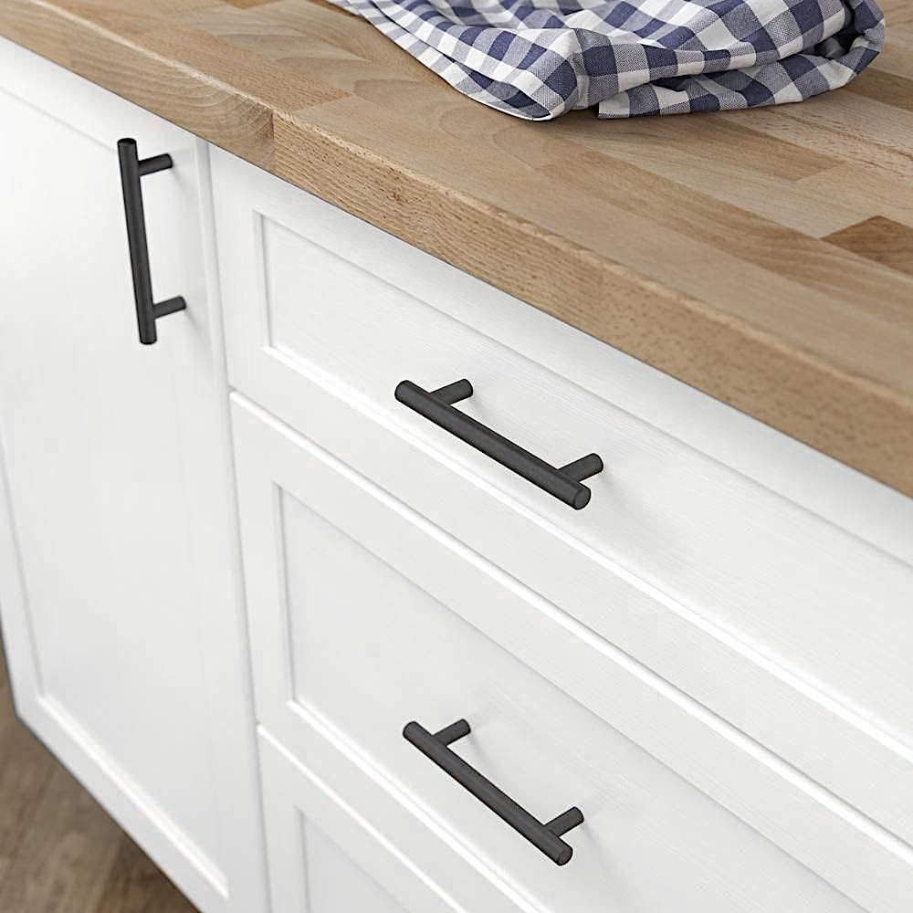 ANGSTROM 2-Pack Round Bar Cabinet Pulls, Euro-Style T-Bar Handle 5" CC, Matte Black (7" Length)