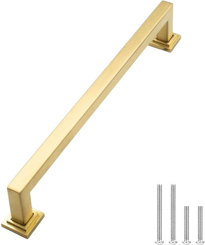 Modket 1 Pack Textuality Series Square Cabinet Handle 304 Stainless Steel — 8" Overall Length, 7-1/2" (192mm) Hole Centers, Brushed Satin Brass Gold