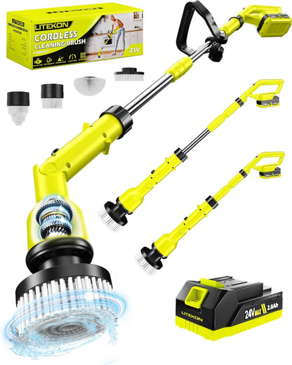 Litekon Electric Spin Scrubber with 3+ Hour Long Lasting Battery, 1000W/1200RPM High Power Cordless Clean Brush with 50IN Adjustable Long Handle, 3 Replacement Heads for Bath/Tub/Tile/Floor (RyobiGreen)