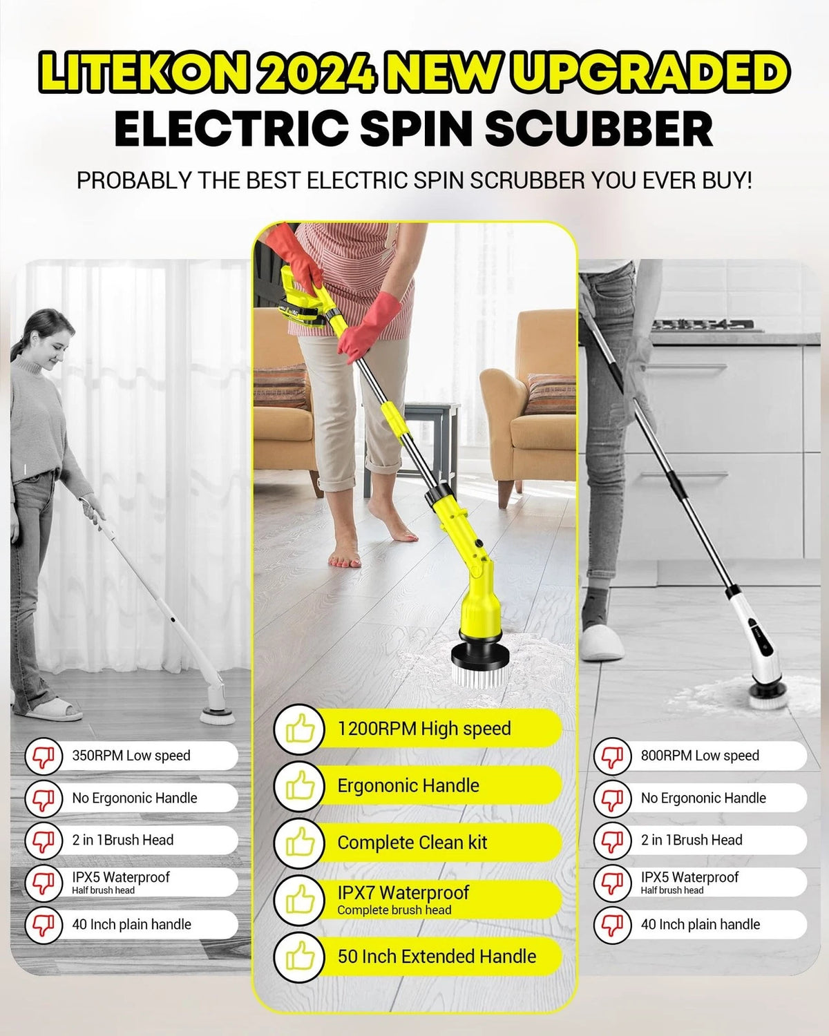 Litekon Electric Spin Scrubber with 3+ Hour Long Lasting Battery, 1000W/1200RPM High Power Cordless Clean Brush with 50IN Adjustable Long Handle, 3 Replacement Heads for Bath/Tub/Tile/Floor (RyobiGreen)