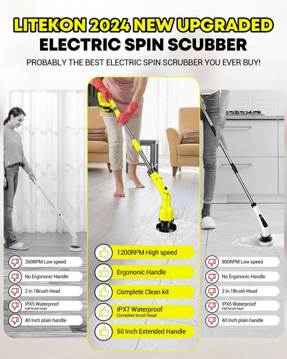 Litekon Electric Spin Scrubber with 3+ Hour Long Lasting Battery, 1000W/1200RPM High Power Cordless Clean Brush with 50IN Adjustable Long Handle, 3 Replacement Heads for Bath/Tub/Tile/Floor (RyobiGreen)