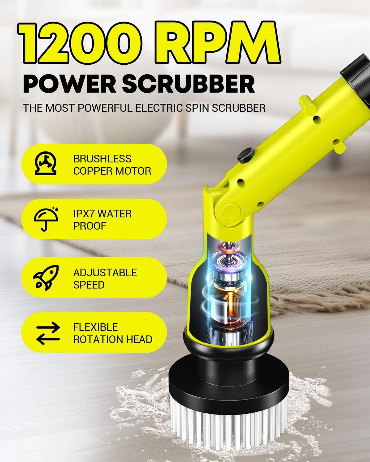 Litekon Electric Spin Scrubber with 3+ Hour Long Lasting Battery, 1000W/1200RPM High Power Cordless Clean Brush with 50IN Adjustable Long Handle, 3 Replacement Heads for Bath/Tub/Tile/Floor (RyobiGreen)