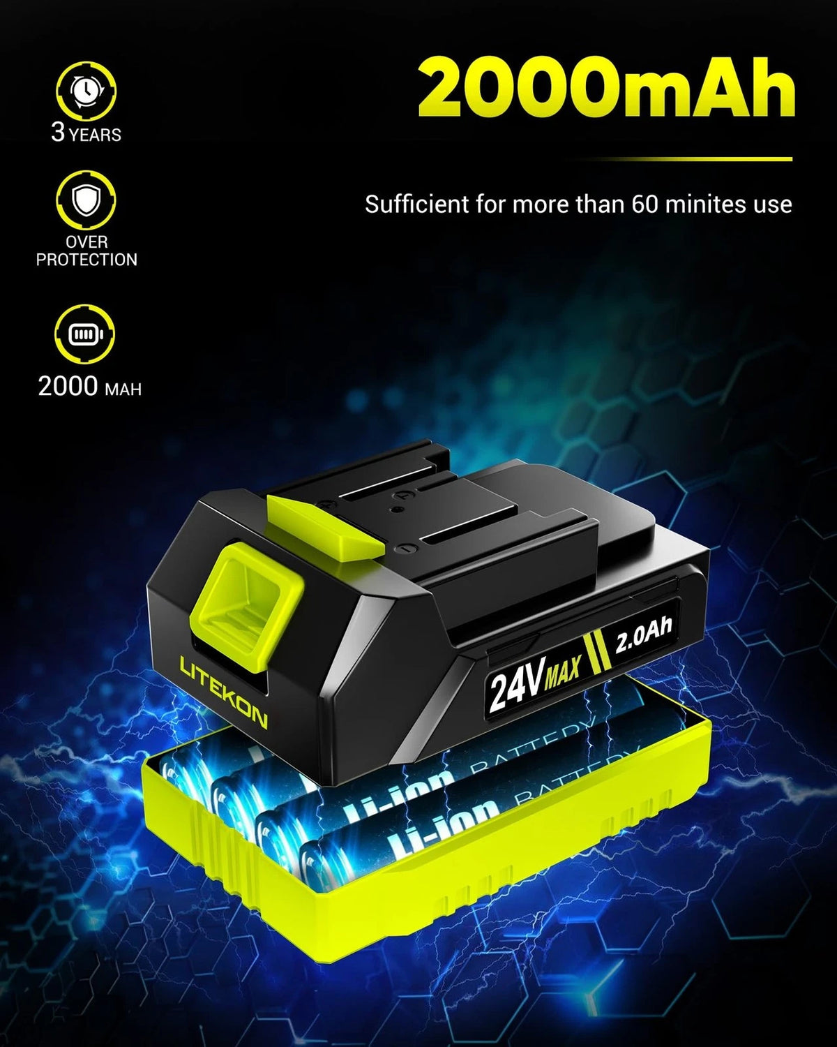 Litekon Electric Spin Scrubber with 3+ Hour Long Lasting Battery, 1000W/1200RPM High Power Cordless Clean Brush with 50IN Adjustable Long Handle, 3 Replacement Heads for Bath/Tub/Tile/Floor (RyobiGreen)