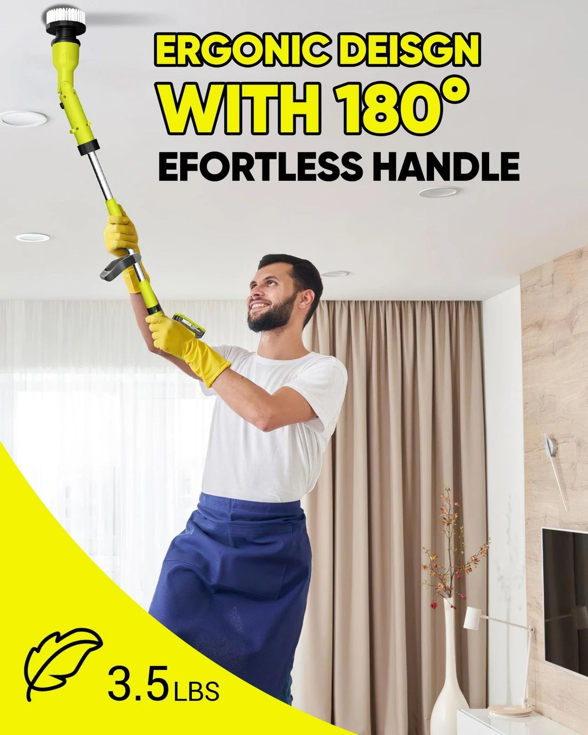 Litekon Electric Spin Scrubber with 3+ Hour Long Lasting Battery, 1000W/1200RPM High Power Cordless Clean Brush with 50IN Adjustable Long Handle, 3 Replacement Heads for Bath/Tub/Tile/Floor (RyobiGreen)