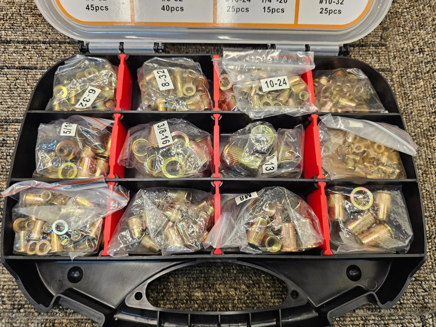 (300 Piece) Vigrue SAE Metric Rivet Nut Assortment Carbon Steel (Box Missing 1 Latch from Box)