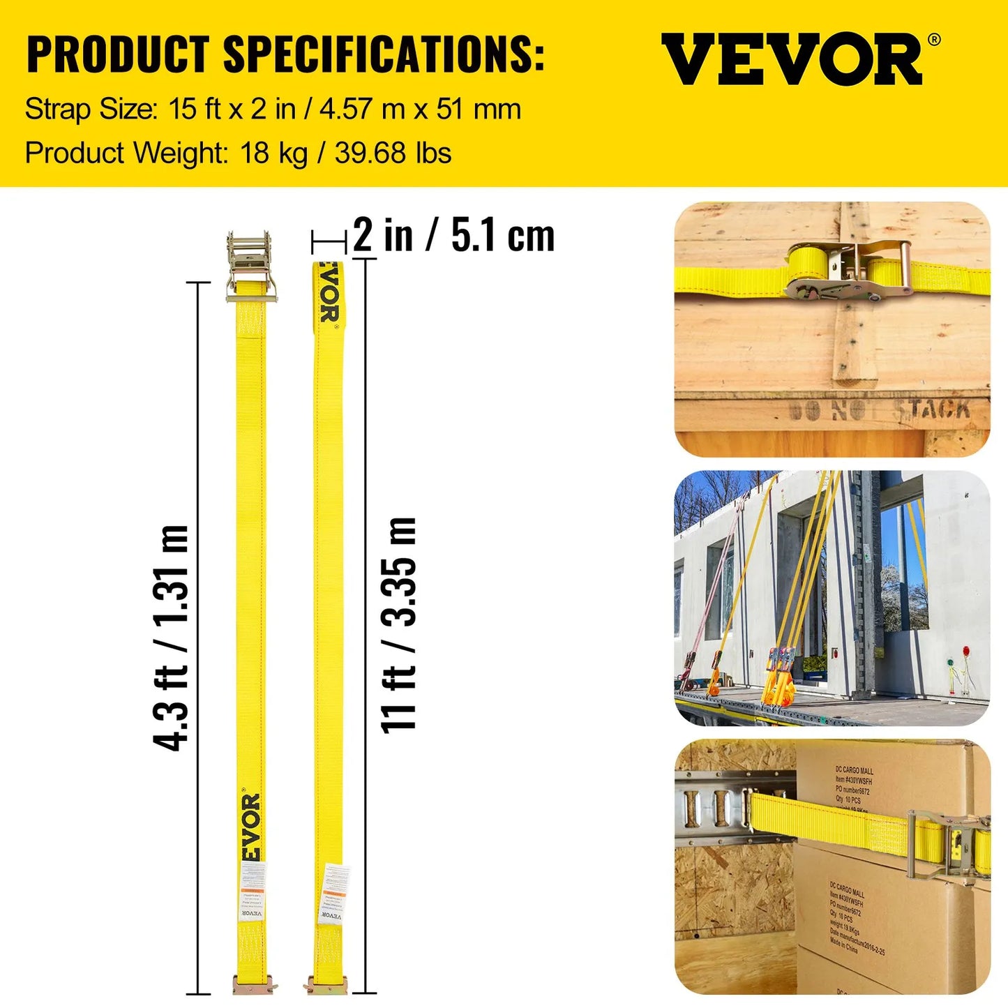 VEVOR E Track Ratchet Strap, 2PCS 2\" x 15\' E-Track Straps 4400 LBS Breaking Strength, with Polyester Webbing & Spring Fitting & Ratchets, Durable Tie-Downs for Motorcycles, Tire, Trailer Loads