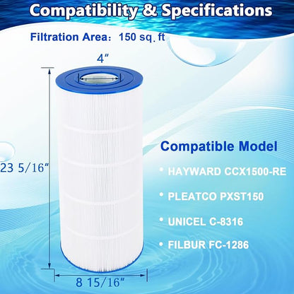 CC1500e Pool Filter Cartridge Compatible with Hayward X-Stream CC1500, CCX1500RE, Pleatco PXST150, Unicel C-8316, Filbur FC-1286, 817-0150P, Ultral-B3, Waterway Pro Clean, 150 sq.ft, 1 Pack