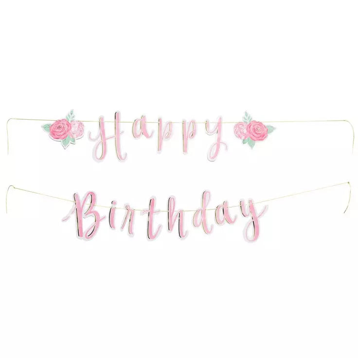 Pink Floral Happy Birthday Banner