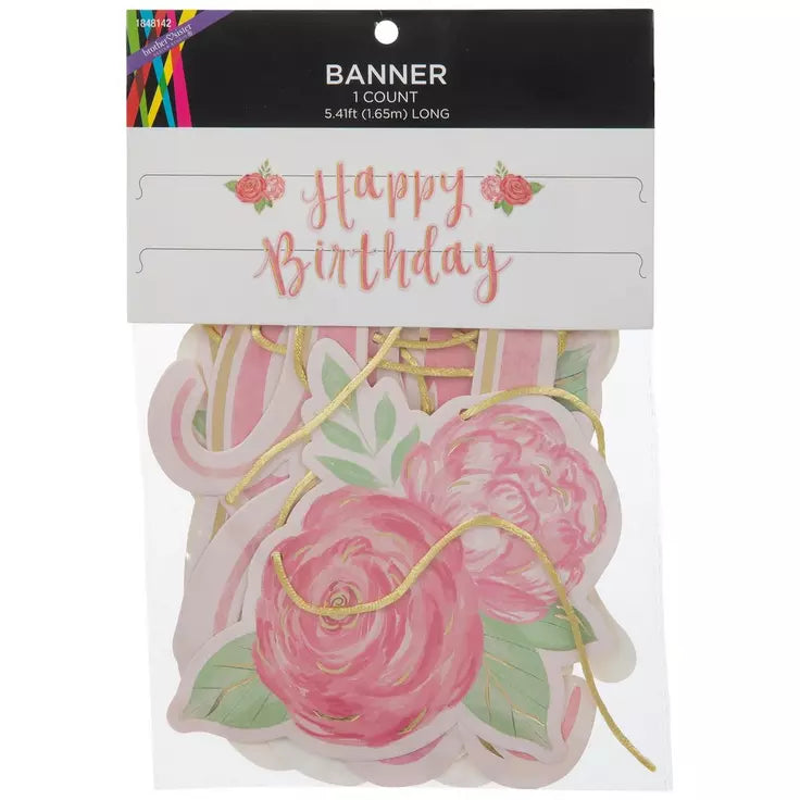 Pink Floral Happy Birthday Banner
