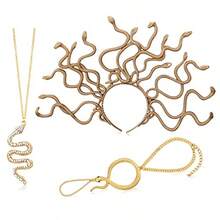 3 Pcs Halloween Medusa Snake Costume Medusa Headpiece Headband Adjustable Ring Bracelet Hand Chain Gold Rhinestone Pendant Snake Necklace For Women Jewelry Accessories (Brown Headband; Gold Jewelry)