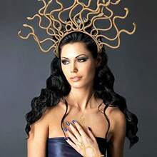 3 Pcs Halloween Medusa Snake Costume Medusa Headpiece Headband Adjustable Ring Bracelet Hand Chain Gold Rhinestone Pendant Snake Necklace For Women Jewelry Accessories (Brown Headband; Gold Jewelry)