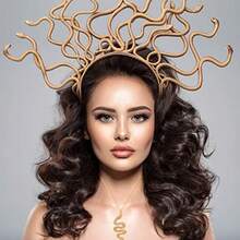 3 Pcs Halloween Medusa Snake Costume Medusa Headpiece Headband Adjustable Ring Bracelet Hand Chain Gold Rhinestone Pendant Snake Necklace For Women Jewelry Accessories (Brown Headband; Gold Jewelry)