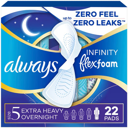 Always Infinity FlexFoam Pads for Women, Size 5, Extra Heavy Overnight Absorbency, Unscented, 22 Count