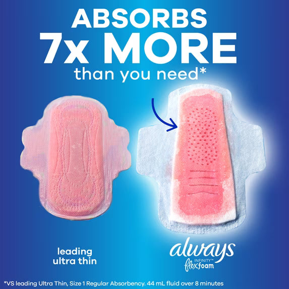 Always Infinity FlexFoam Pads for Women, Size 5, Extra Heavy Overnight Absorbency, Unscented, 22 Count