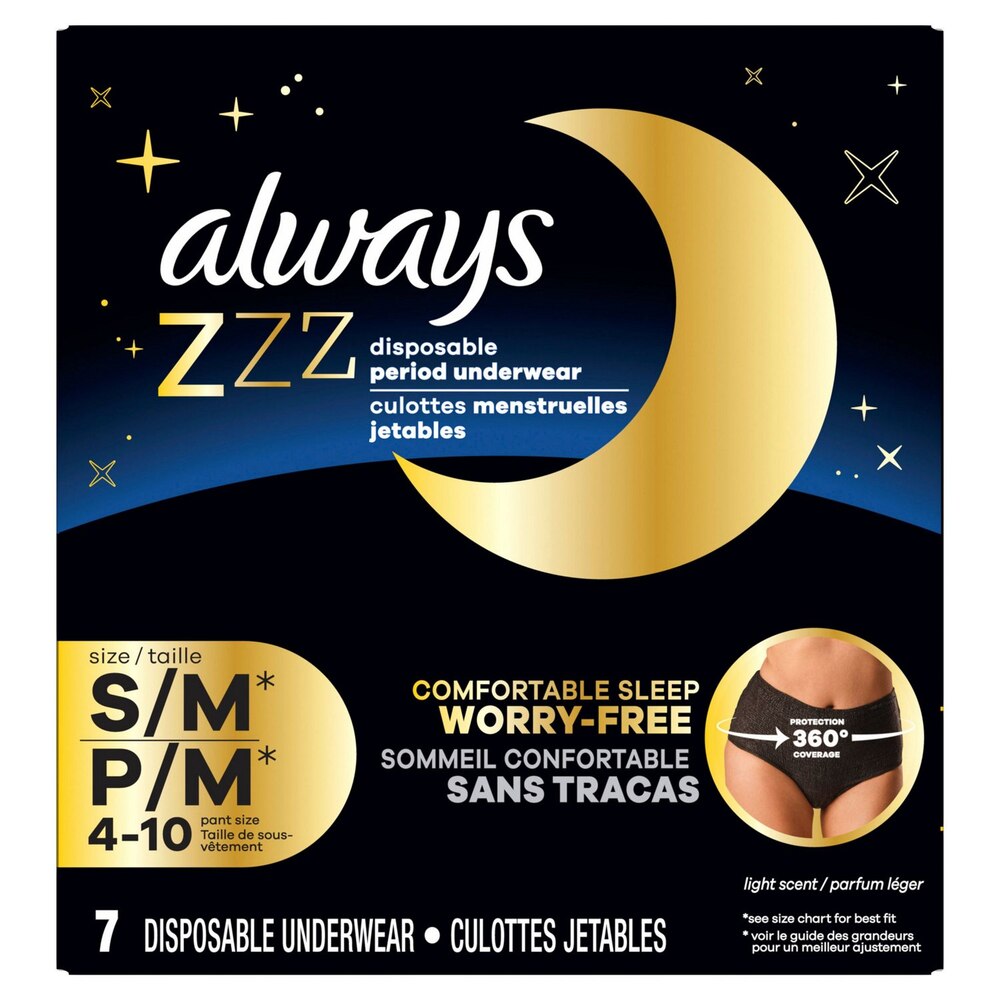 Always ZZZ Overnight Disposable 360 Coverage Period Underwear, 7 CT, S/M