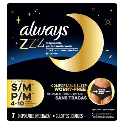 Always ZZZ Overnight Disposable 360 Coverage Period Underwear, 7 CT, S/M