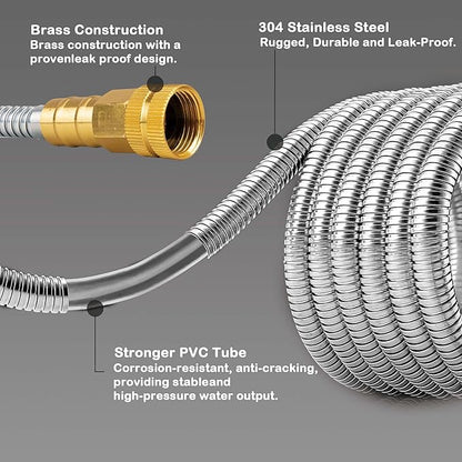 Stainless Steel Garden Hose: Durable Quality Metal with High-pressure Water Output for Gardeners 100 FT
