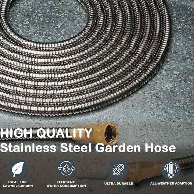 Stainless Steel Garden Hose: Durable Quality Metal with High-pressure Water Output for Gardeners 100 FT