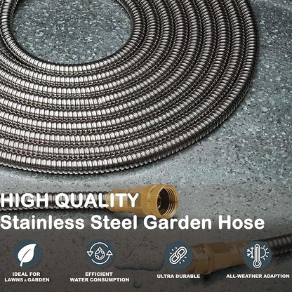 Stainless Steel Garden Hose: Durable Quality Metal with High-pressure Water Output for Gardeners 100 FT