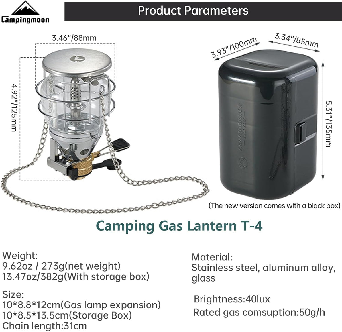 Campingmoon Gas Camping Lantern with Hard Case,Isobutane Lamp, Hiking 80W Brightness, Adjustable Dial, Built-in Ignition, Hanging Chain, for Tent, Backpacking, Emergency, Outdoor Cooking