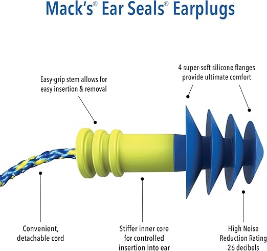 Macks Ear Seals Shooting Earplugs, 1 Pair with Detachable Cord - 26db High NRR
