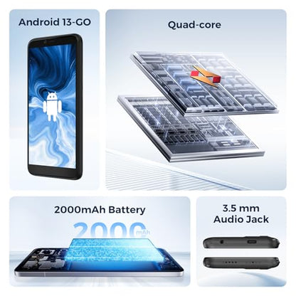 New 4G Smartphone Android 13 Go Edition - 5.5" Display, 2GB+16GB Storage, 2000mAh Battery, 2MP Main + 0.3MP Auxiliary Camera, Dual SIM, 3.5mm Headphone Jack