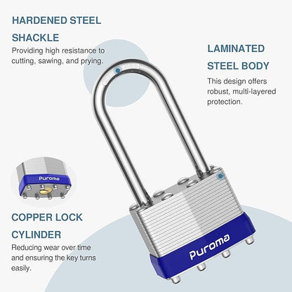 Puroma Lock 2 Pack Padlocks, 2" Long Shackle Heavy-Duty Locks with 4 Keys, 40mm Hardened Steel Keyed Alike Padlocks for Sheds, Gates, Fences, Toolbox, Outdoor and Indoor Use