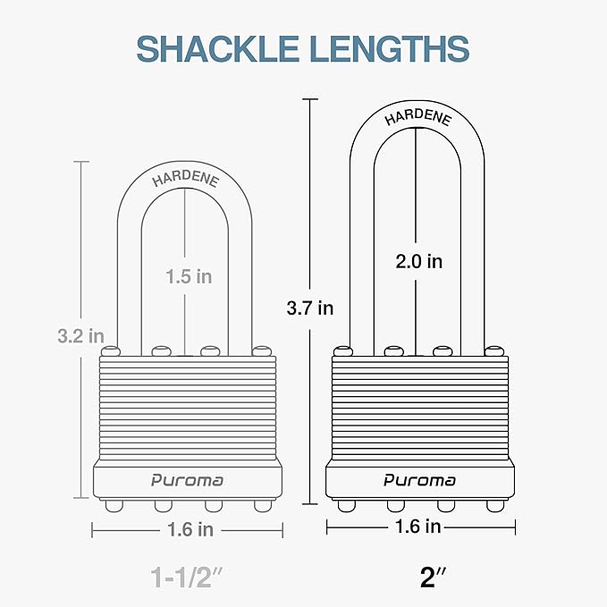 Puroma Lock 4 Pack Padlocks, 1-1/2" Long Shackle Heavy-Duty Locks with 8 Keys, 40mm Hardened Steel Keyed Alike Padlocks for Sheds, Gates, Fences, Toolbox, Outdoor and Indoor Use