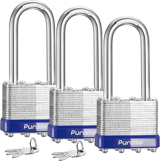 Puroma Lock 3 Pack Padlocks, 2" Long Shackle Heavy-Duty Locks with 6 Keys, 40mm Hardened Steel Keyed Alike Padlocks for Sheds, Gates, Fences, Toolbox, Outdoor and Indoor