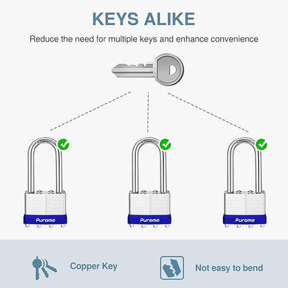 Puroma Lock 3 Pack Padlocks, 2" Long Shackle Heavy-Duty Locks with 6 Keys, 40mm Hardened Steel Keyed Alike Padlocks for Sheds, Gates, Fences, Toolbox, Outdoor and Indoor