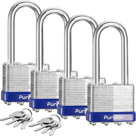 Puroma Lock 4 Pack Padlocks, 1-1/2" Long Shackle Heavy-Duty Locks with 8 Keys, 40mm Hardened Steel Keyed Alike Padlocks for Sheds, Gates, Fences, Toolbox, Outdoor and Indoor Use