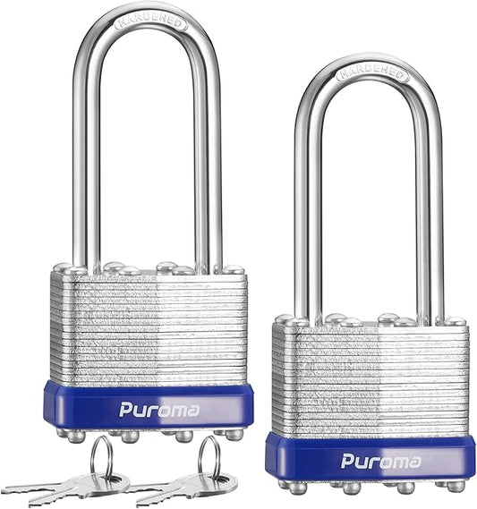 Puroma Lock 2 Pack Padlocks, 2" Long Shackle Heavy-Duty Locks with 4 Keys, 40mm Hardened Steel Keyed Alike Padlocks for Sheds, Gates, Fences, Toolbox, Outdoor and Indoor Use