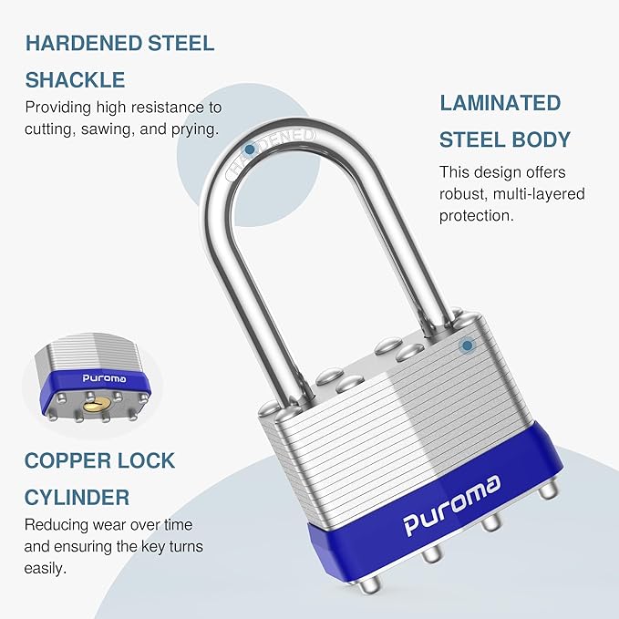 Puroma Lock 1 Pack Padlocks, 1-1/2" Long Shackle Heavy-Duty Locks with 2 Keys, 40mm Hardened Steel Keyed Alike Padlocks for Sheds, Gates, Fences, Toolbox, Outdoor and Indoor Use