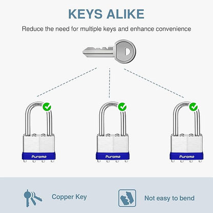 Puroma Lock 3 Pack Padlocks, 1-1/2" Long Shackle Heavy-Duty Locks with 6 Keys, 40mm Hardened Steel Keyed Alike Padlocks for Sheds, Gates, Fences, Toolbox, Outdoor and Indoor Use
