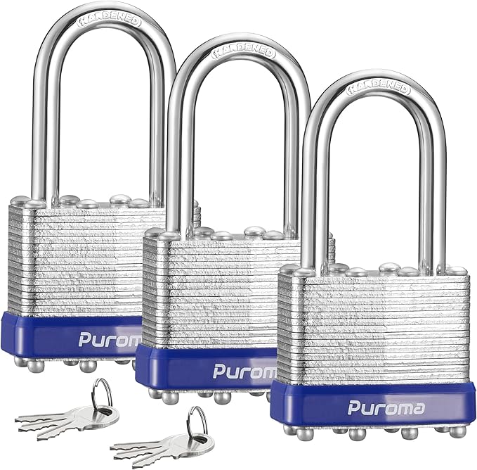 Puroma Lock 3 Pack Padlocks, 1-1/2" Long Shackle Heavy-Duty Locks with 6 Keys, 40mm Hardened Steel Keyed Alike Padlocks for Sheds, Gates, Fences, Toolbox, Outdoor and Indoor Use
