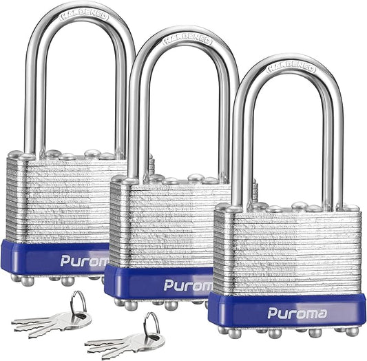Puroma Lock 3 Pack Padlocks, 1-1/2" Long Shackle Heavy-Duty Locks with 6 Keys, 40mm Hardened Steel Keyed Alike Padlocks for Sheds, Gates, Fences, Toolbox, Outdoor and Indoor Use