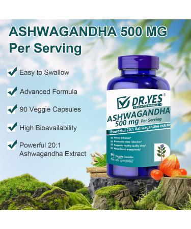 Ashwagandha Capsules 500mg with Organic Black Pepper for Maximum Absorption, Stress Relief, Memory, Focus, Mood & Sleep, Non-GMO, Vegan, 90 Capsules (Box is damaged)
