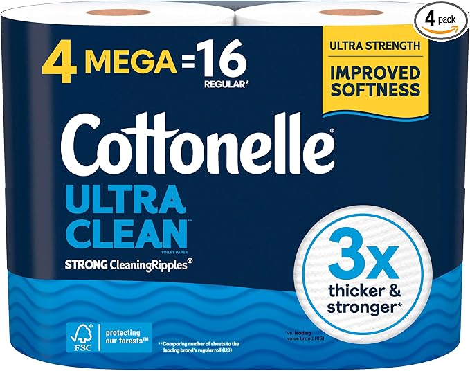 Cottonelle Ultra Clean Toilet Paper 4 Mega Rolls Equals 16 Regular Rolls Strong Soft Flushable Bath Tissue Bulk Pack