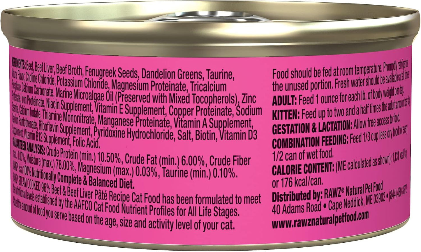 Rawz Natural Premium Pate Canned Cat Wet Food - Made with Real Meat Ingredients No BPA or Gums -3 oz Cans (Case Pack of 18) (Beef)