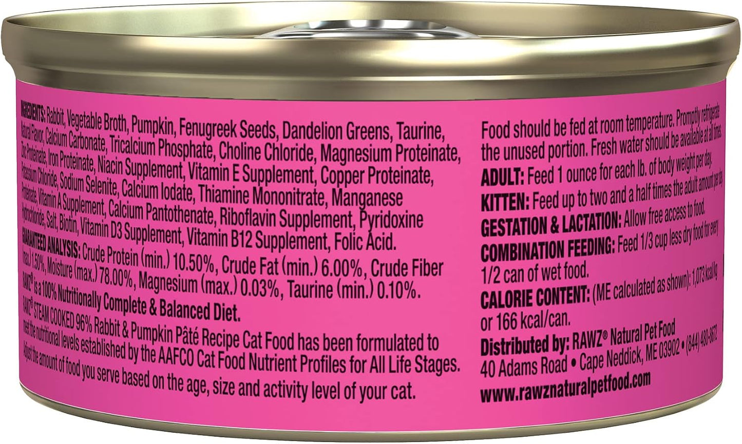 Rawz Natural Premium Pate Canned Cat Wet Food - Made with Real Meat Ingredients No BPA or Gums -3 oz Cans (Case Pack of 18) (Rabbit&Pumpkin)