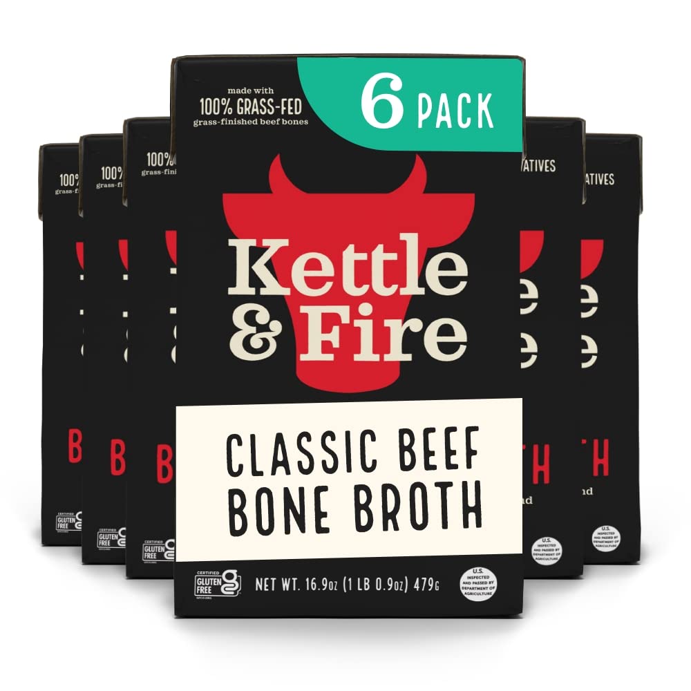 Kettle and Fire Classic Beef Bone Broth, Keto, Paleo, and Whole 30 Approved, Gluten Free, High in Protein and Collagen (6 Pack) Grass-Fed, Pasture-Raised Beef Bone Broth, 19g Protein, Gluten Free Certified, Glyphosate Residue-Free, Whole30, Keto & Paleo