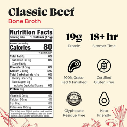 Kettle and Fire Classic Beef Bone Broth, Keto, Paleo, and Whole 30 Approved, Gluten Free, High in Protein and Collagen (6 Pack) Grass-Fed, Pasture-Raised Beef Bone Broth, 19g Protein, Gluten Free Certified, Glyphosate Residue-Free, Whole30, Keto & Paleo