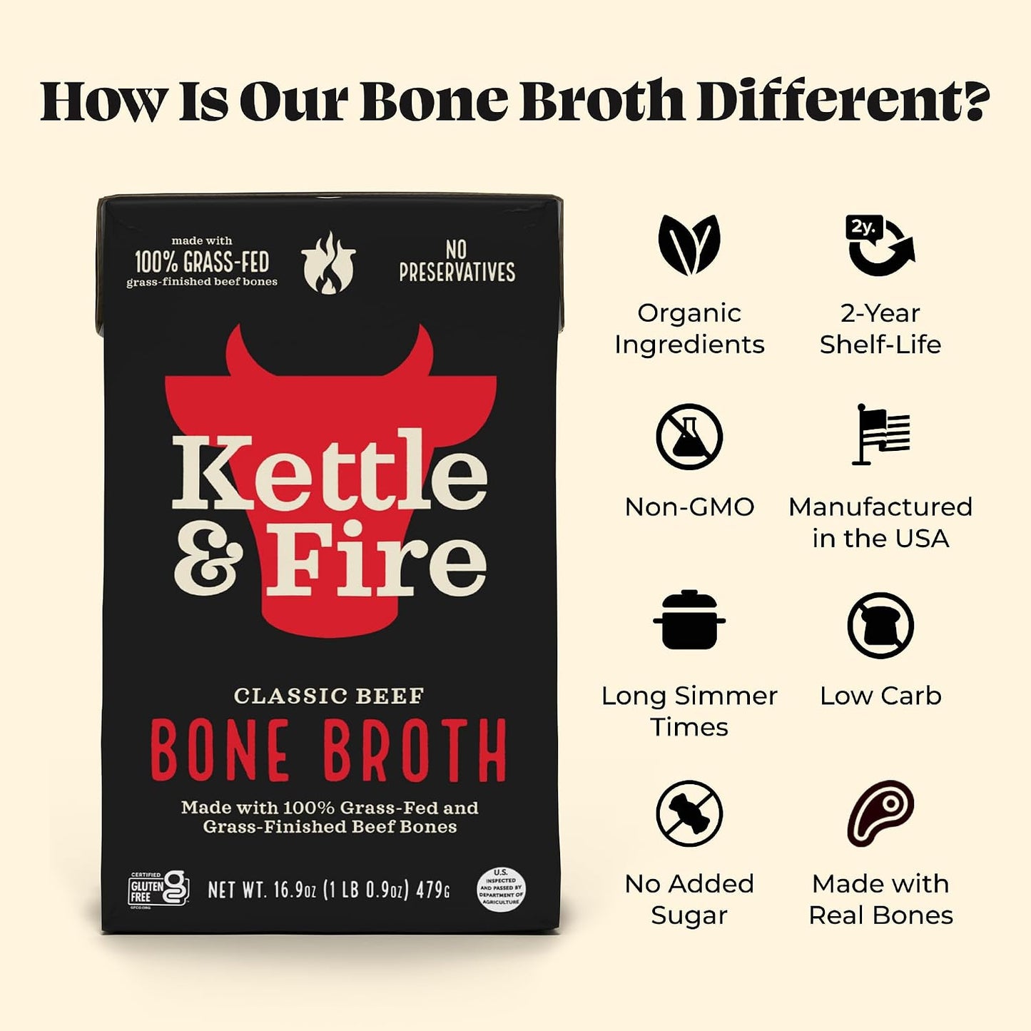 Kettle and Fire Classic Beef Bone Broth, Keto, Paleo, and Whole 30 Approved, Gluten Free, High in Protein and Collagen (6 Pack) Grass-Fed, Pasture-Raised Beef Bone Broth, 19g Protein, Gluten Free Certified, Glyphosate Residue-Free, Whole30, Keto & Paleo